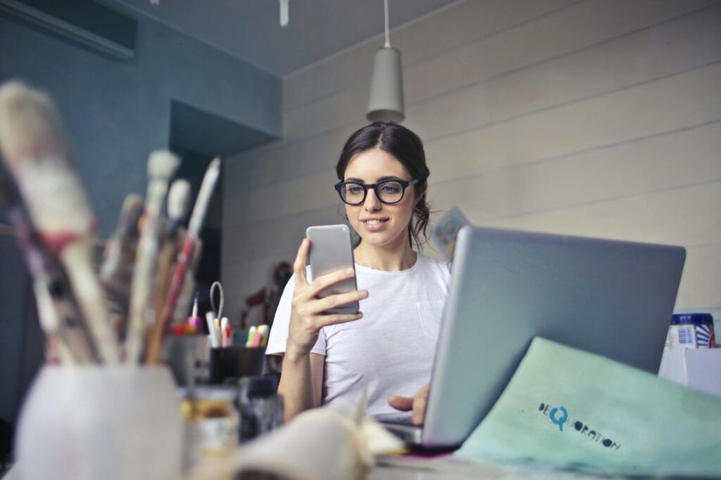 A small business owner working in a home office