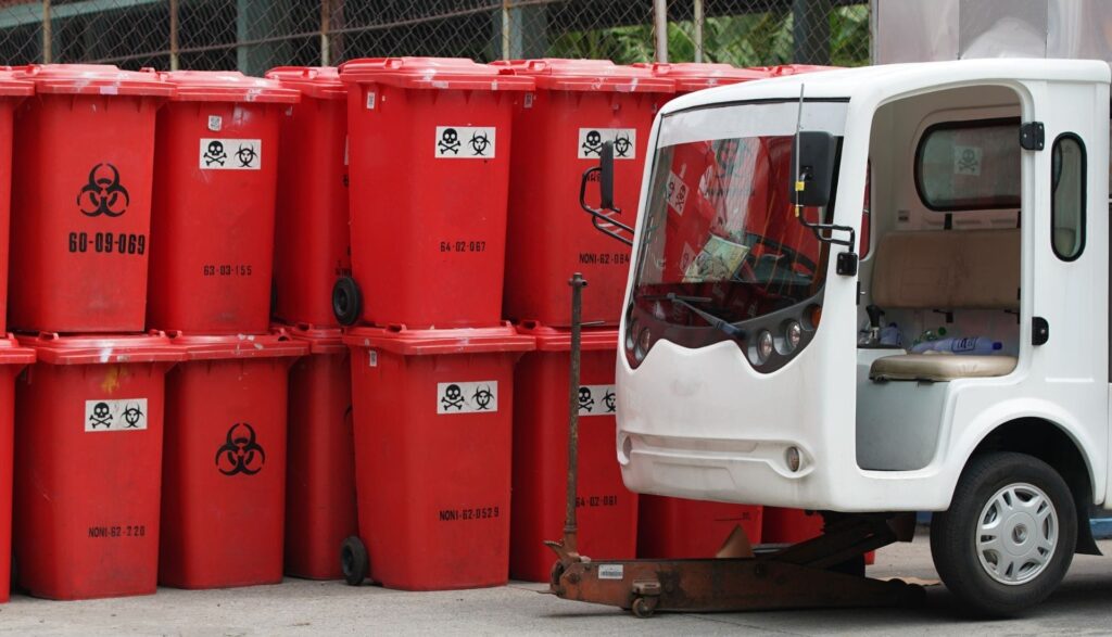 Red biohazard bins and small white vehicle on site.