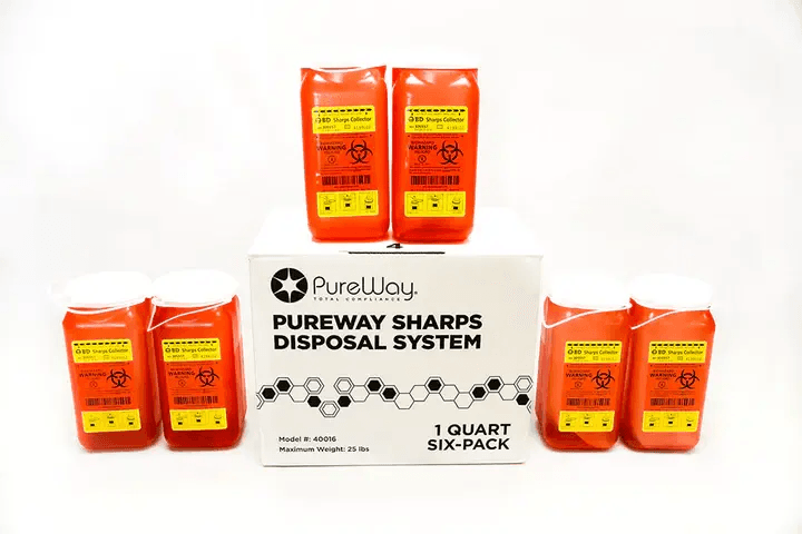 PureWay sharps disposal containers and box
