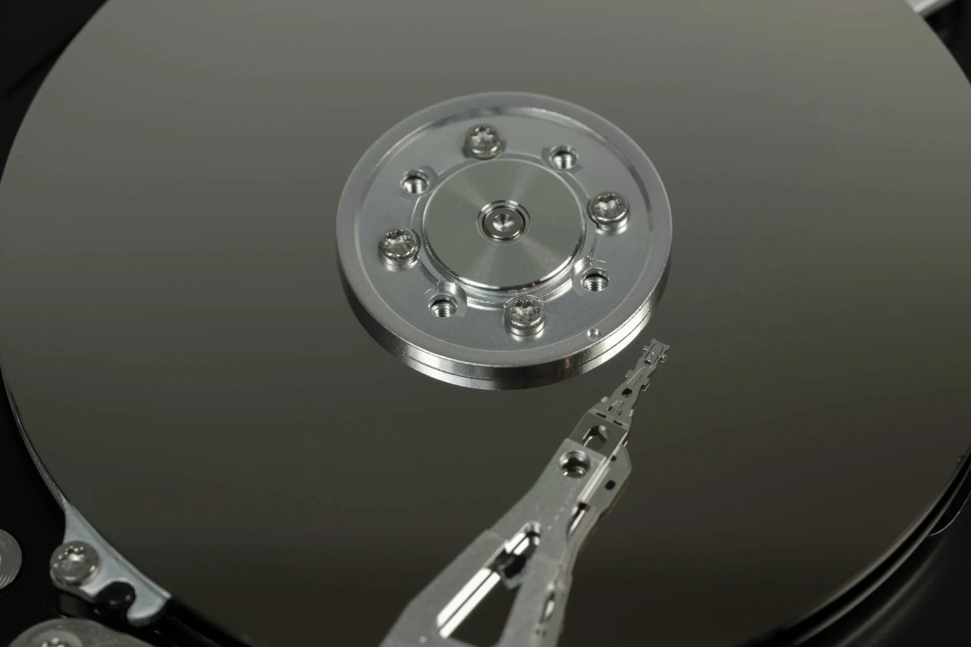 Close-up of hard drive internal components.