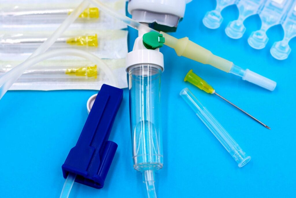 Medical supplies on blue background