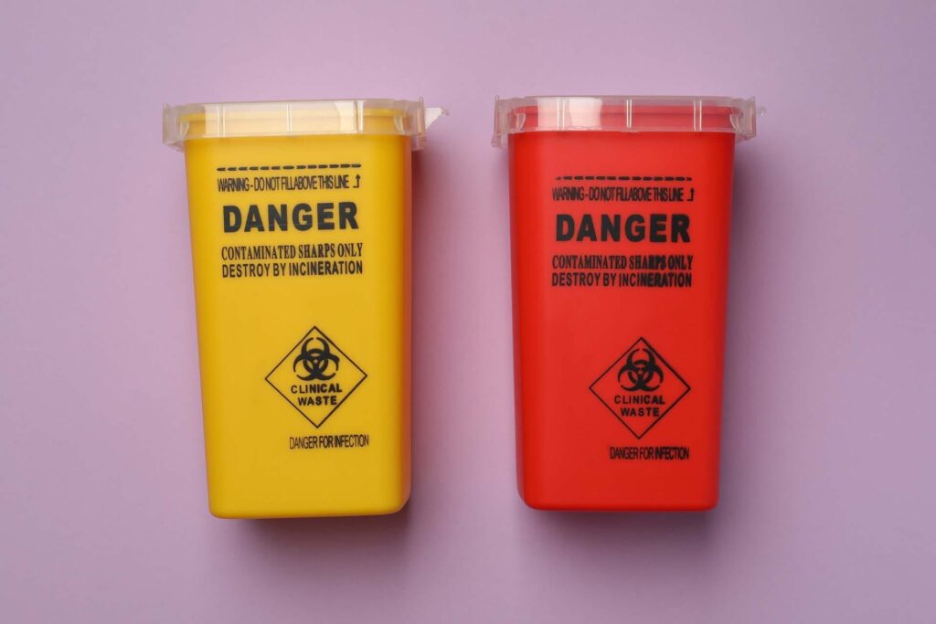 Yellow and red clinical waste disposal bins.